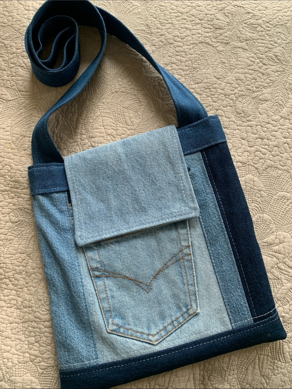 Patchwork Denim Crossbody Bag in Light & Dark Blue- Handmade